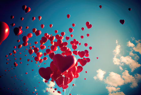 Many red balloon in heart shape particles flying on the air with blue sky background. Valentines day concept. Generative AIの素材