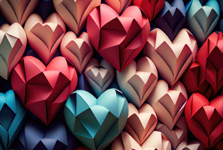 Colorful papercut hearts origami background. Love story and Valentines day wallpaper concept. Generative AIの素材