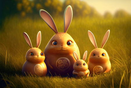 Cute rabbits family in the meadow with many Easter eggs in golden hour. Digital art theme. Generative AIの素材
