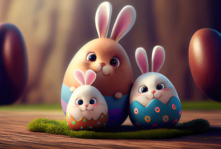 Cute rabbits family in painted cracked Easter eggs. Generative AIの素材