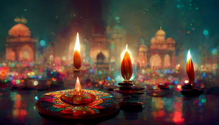 Diwali festival with colorful candles light and bokeh background. Generative AIの素材