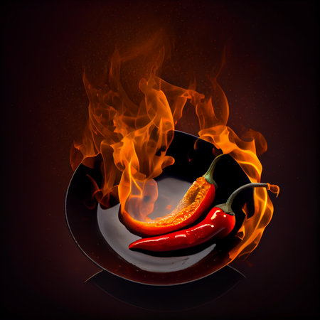 Red chili with burning fire flame in hot pan on black background. Generative AIの素材