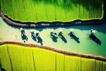 Top view of farmers harvesting rice in the agriculture fields. People lifestyles and occupation concept. Digital art illustration. Generative AIの素材