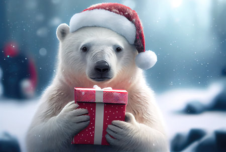 White polar bear in Santa clause hat costume in snowy landscape background. Seasonal and New year concept. Digital art illustration. Generative AIの素材