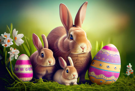 Rabbits family in the nest with many colorful Easter eggs for Happy Easter Day Greeting card background. Animal and pet concept. Generative AIの素材