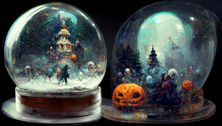 Spooky Halloween party in snow globe crystal ball for decoration on table background. Generative AIの素材
