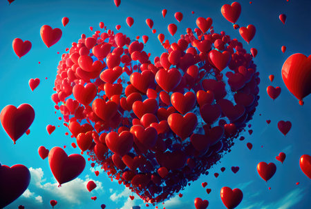Many red balloon in heart shape particles flying on the air with blue sky background. Valentines day concept. Generative AIの素材