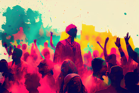 Holi festival the festival of colors with crowd people and colorful powder in the Indian town. Generative AIの素材
