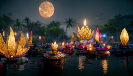 Loy Krathong festival with colorful candles light and full moon in Thailand background. Floating ritual banana leaves vessel or lamp and lotus flower into the water traditional. Generative AIの素材