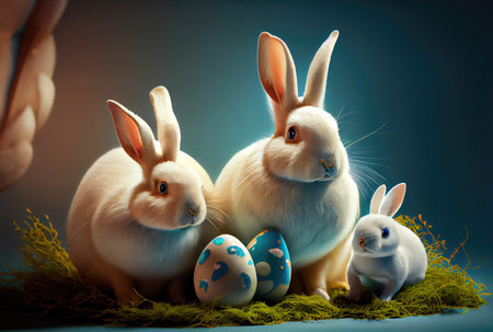 Rabbits family in the nest with many colorful Easter eggs for Happy Easter Day Greeting card background. Animal and pet concept. Generative AIの素材