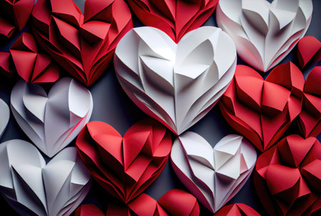 Papercut red and white hearts origami background. Love story and Valentines day wallpaper concept. Generative AIの素材