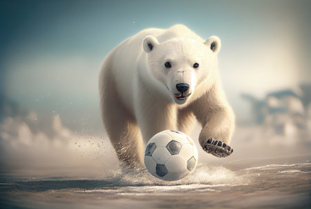 White polar bear cub playing football in snowy landscape background. Animal and sport concept. Generative AIの素材