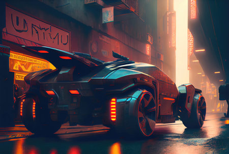 Futuristics car model in orange and blue color cyberpunk city background. Transportation and technology concept. Generative AIの素材