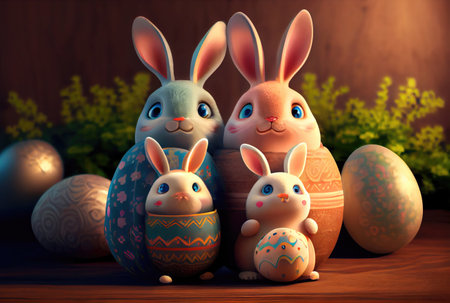 Cute rabbits family in painted cracked Easter eggs. Generative AIの素材
