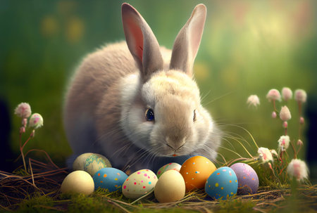 Rabbit with colorful Easter eggs in the meadow. Generative AIの素材