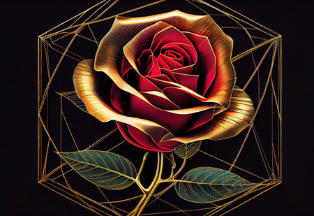 Red rose with geometric golden frame drawing line background. Generative AIの素材