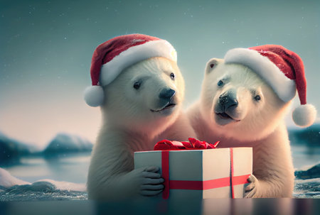 Two polar bears giving gift box together in the north pole with snowy background. Christmas day festival concept. Generative AIの素材