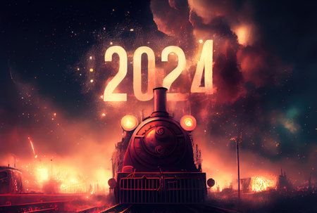 Happy New Year 2024 with traveling old retro steam train and fireworks background. Holiday and culture concept. Digital art illustration. Generative AIの素材