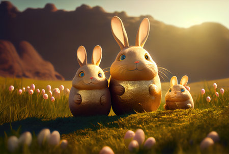 Cute rabbits family in the meadow with many Easter eggs in golden hour. Digital art theme. Generative AIの素材
