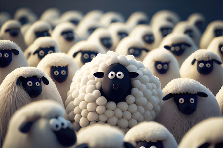 Flock of cute white sheep in farm. Generative AIの素材