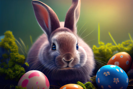 Painted Easter eggs and cute rabbit in the nest. Generative AIの素材