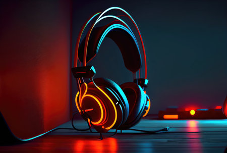 Modern headphone in the colorful gaming and live streaming room background. Generative AIの素材