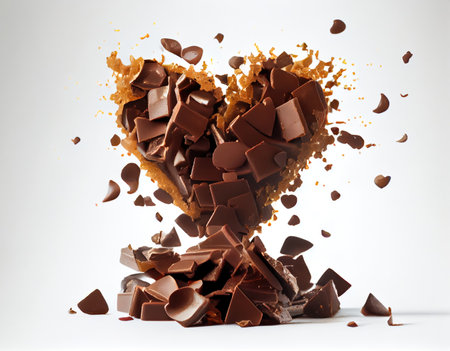 Closeup stacked chocolate heart-shape chunks falling on the white table and cracked. Food and sweet dessert concept. Generative AIの素材