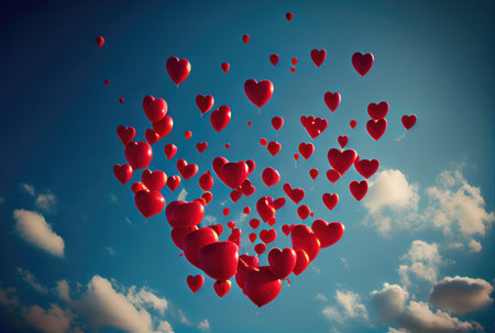 Many red balloon in heart shape particles flying on the air with blue sky background. Valentines day concept. Generative AIの素材