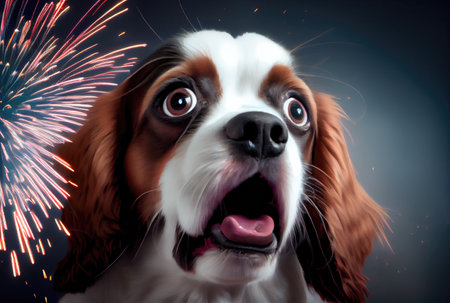 The dog is afraid and shocked by the sound of fireworks with sky background. Pet and animal concept. Digital art illustration. Generative AIの素材