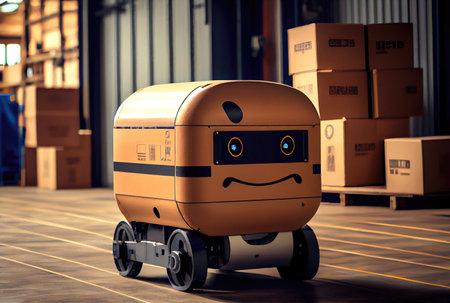 Robot AGV transporting cardboard box in warehouse background. Technology innovation and delivery concept. Generative AIの素材