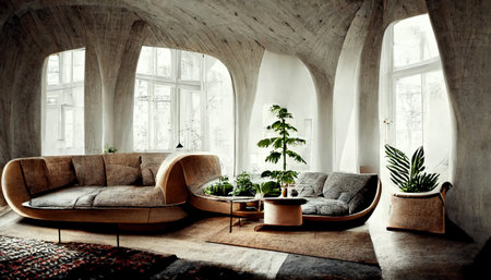Living room in Scandinavian style with houseplants background. Generative AIの素材