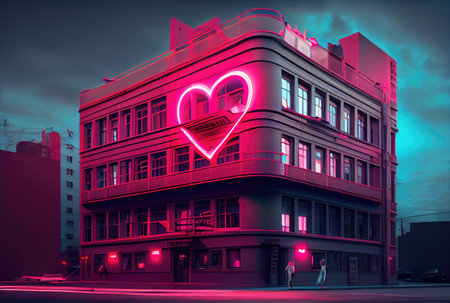 The red heart neon lighting symbol is in front of a building on the main road in the city background. Sign and symbol concept. Digital art illustration. Generative AIの素材