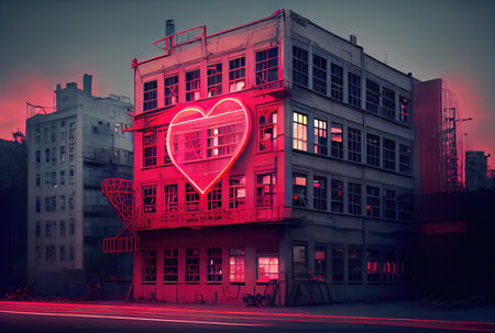 The red heart neon lighting symbol is in front of a building on the main road in the city background. Sign and symbol concept. Digital art illustration. Generative AIの素材