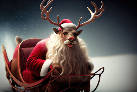 Santa Claus on the reindeer sleigh on the snow surface and night sky background. Christmas and New year concept. Digital art illustration. Generative AIの素材