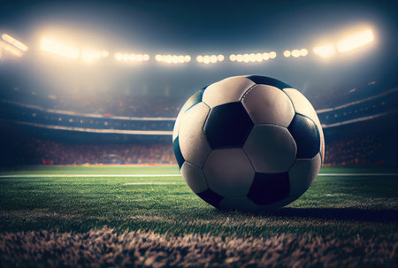 Soccer ball on grass field in stadium. Sport and game concept. Generative AIの素材