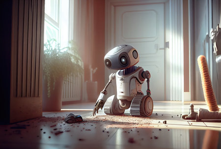 Housekeeper cleaner robot cleaning and doing housework by cleaning the wooden floor. Innovative technology and hygiene concept. Digital art illustration. Generative AIの素材