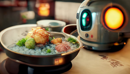 Food service robot in restaurant with Japanese food. Technology and business concept. Generative AIの素材