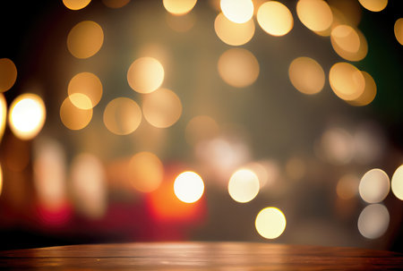 Table top in the night party with shiny gold bokeh background. Template and decoration concept. Digital art illustration. Generative AIの素材