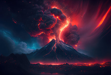 The volcano erupted with hot lava and black smoke covering the sky. Nature and disaster concept. Generative AIの素材