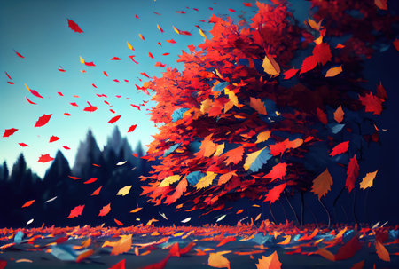 Red maple leaves in the wind with landscape background. Autumn and fall seasonal concept. Digital art illustration. Generative AIの素材