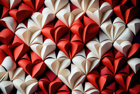 Papercut red and white hearts origami background. Love story and Valentines day wallpaper concept. Generative AIの素材