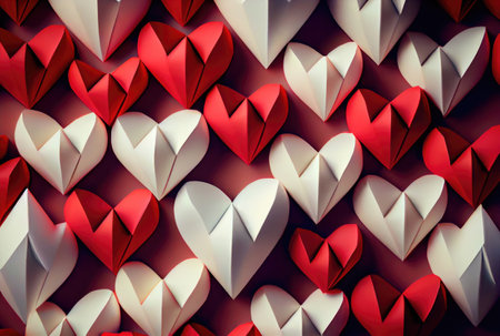 Papercut red and white hearts origami background. Love story and Valentines day wallpaper concept. Generative AIの素材