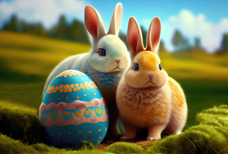 Rabbits family in the nest with many colorful Easter eggs for Happy Easter Day Greeting card background. Animal and pet concept. Generative AIの素材