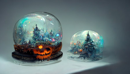 Spooky Halloween party in snow globe crystal ball for decoration on table background. Generative AIの素材