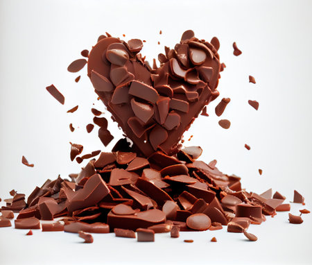 Closeup stacked chocolate heart-shape chunks falling on the white table and cracked. Food and sweet dessert concept. Generative AIの素材