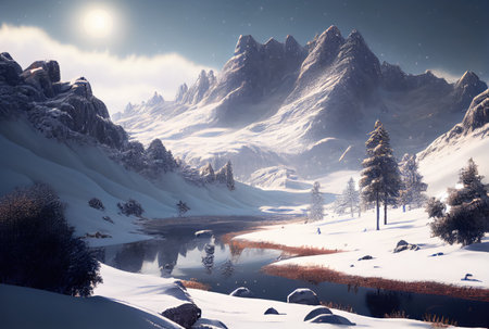 Snowy landscape with lake and pine tree mountain scene background. Nature and rural scene concept. Digital art illustration. Generative AIの素材