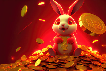 Happy rabbit with Chinese gold coins and ingots for Chinese New Year Festival. Money savings and Economy concept. Generative AIの素材
