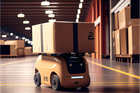 Robot AGV transporting cardboard box in warehouse background. Technology innovation and delivery concept. Generative AIの素材