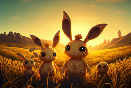 Cute rabbits family in the meadow with many Easter eggs in golden hour. Digital art theme. Generative AIの素材