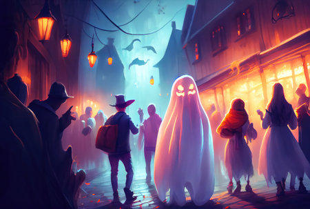 Crowd people celebrate the Halloween day party by dressing up in ghost and devil costumes and dancing happily in night lighting scene. Holiday festival concept. Digital art illustration. Generative AIの素材